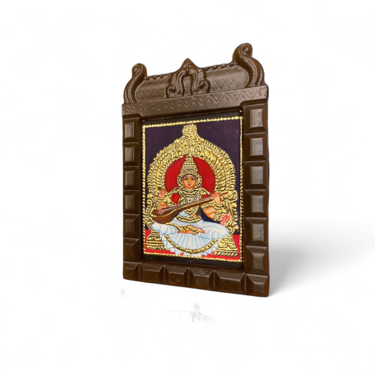 Goddess Saraswati on White Lotus Tanjore Painting