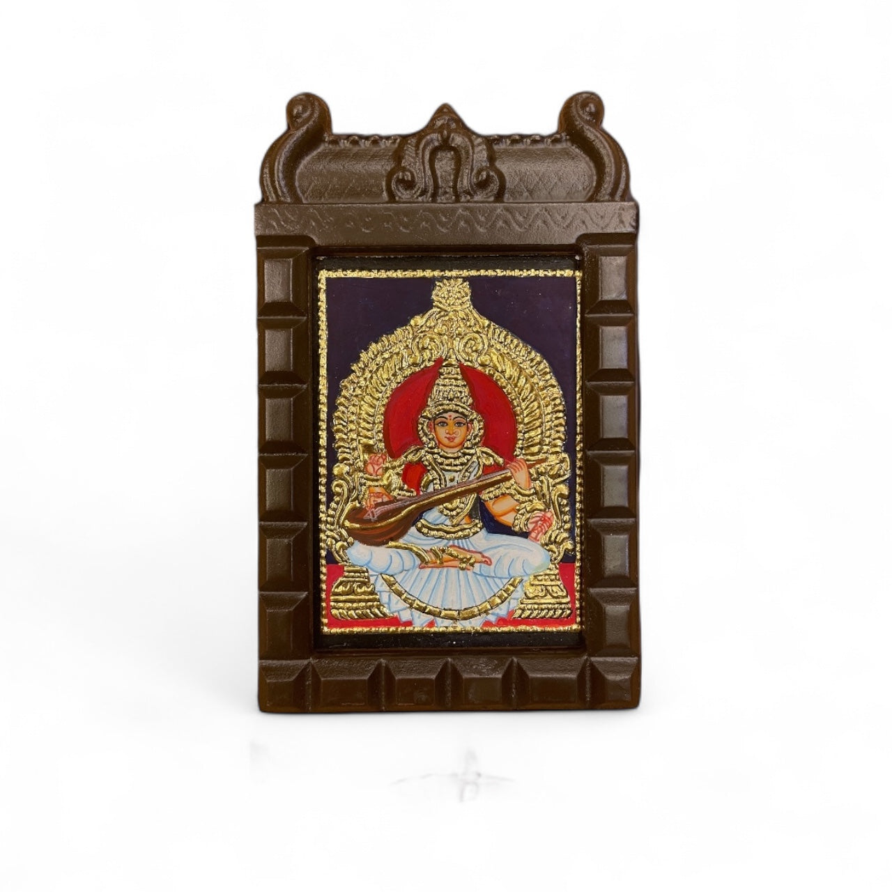Goddess Saraswati on White Lotus Tanjore Painting