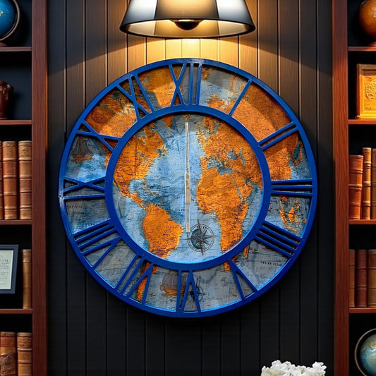 Vintage World Map Wall Clock with Roman Numerals – Nautical Blue Décor Timepiece