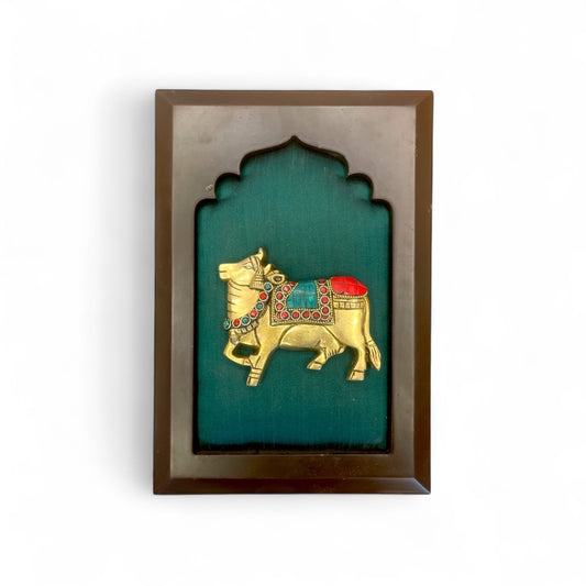 7 Set Brass Kamadhenu on Green Silk | Auspicious Wall Art for Pooja Room & Gifting – Estudio