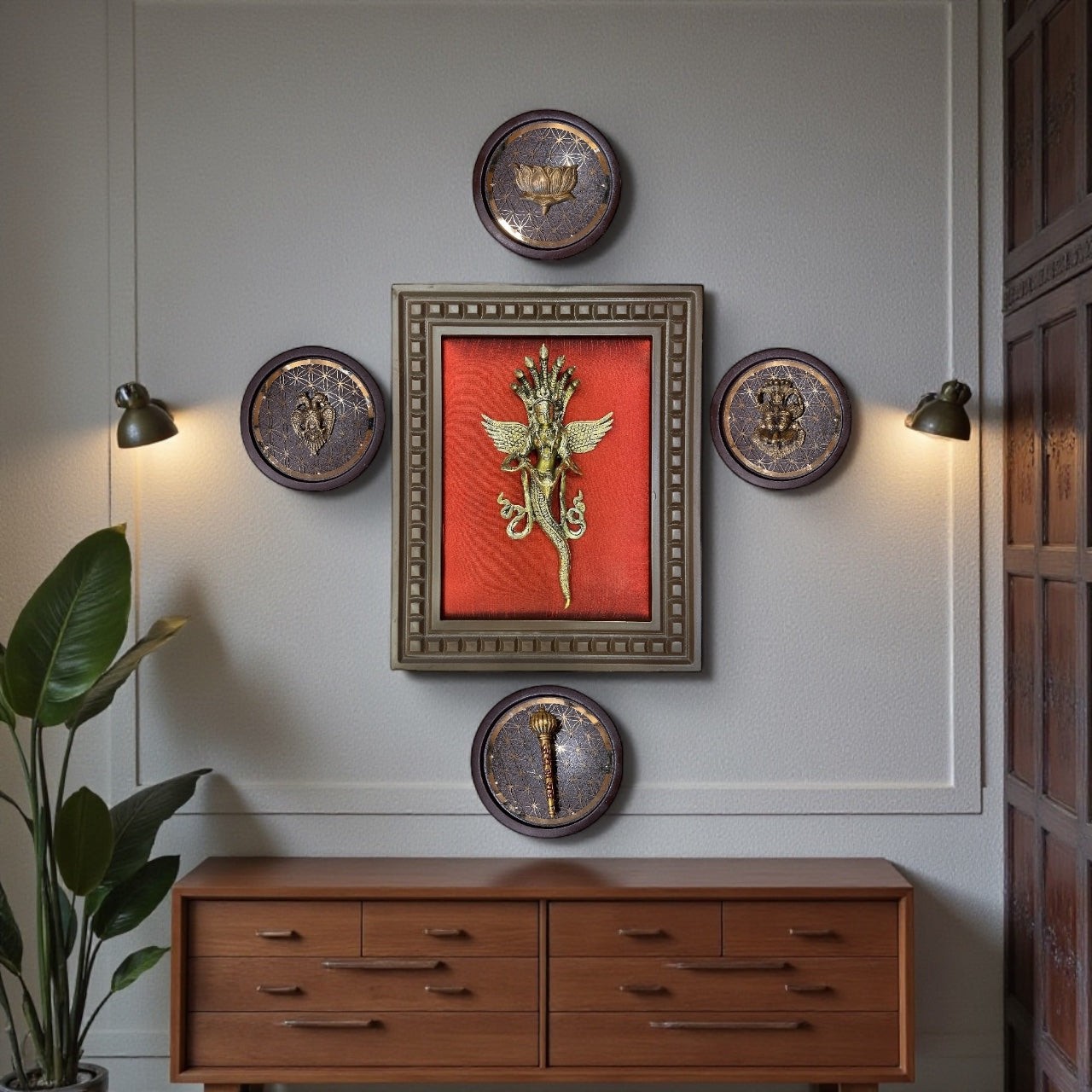 Brass Red Wall Art Set Nagakanya yali Hanuman gadha lotus and 2 headed eagle – Divine Luxury for Modern Interiors