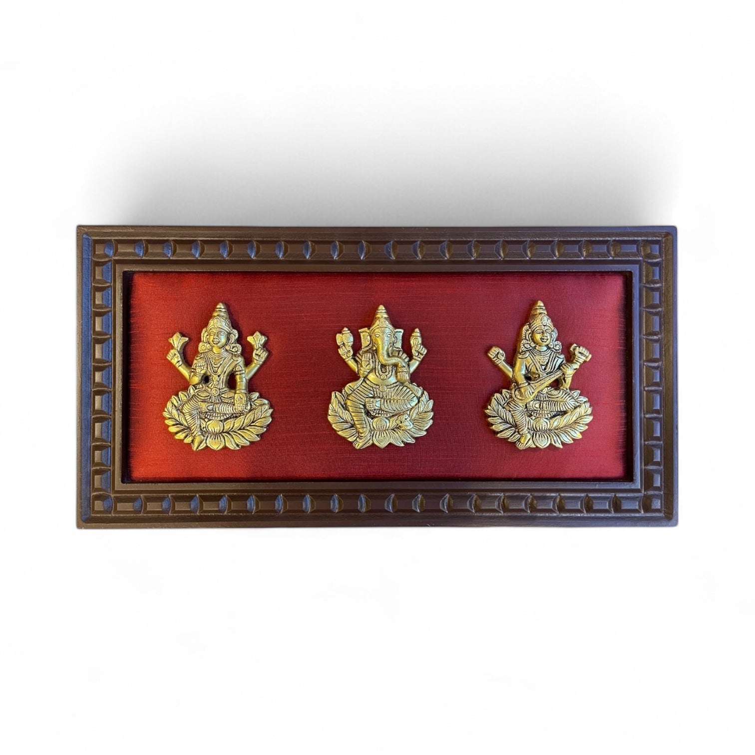 Brass Lakshmi,Ganapathi, Saraswathi Red Silk backdrop