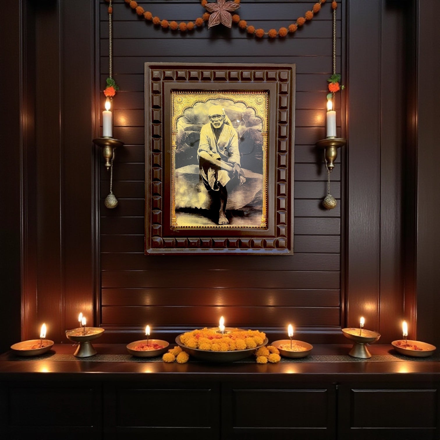 Sai Baba -4 Gold Foil Art with Wooden Frame.