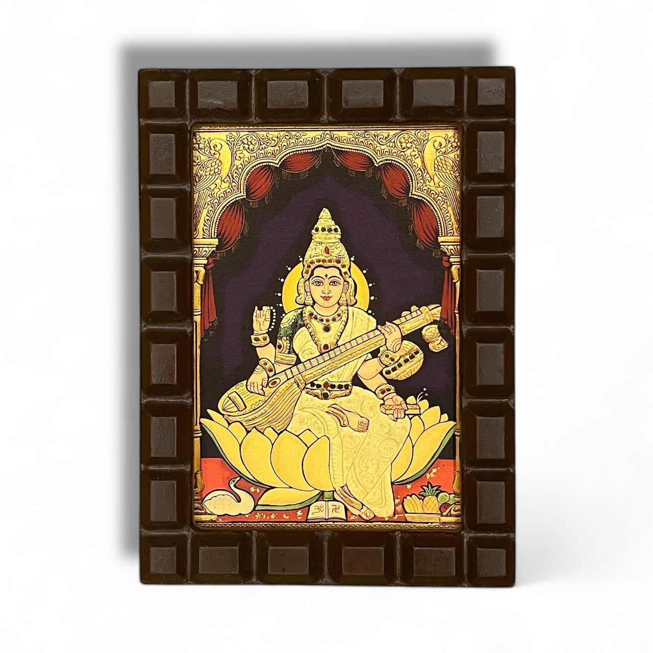 Saraswati -3 Gold Leafed Artwork with Polished Engineered Wooden Frame