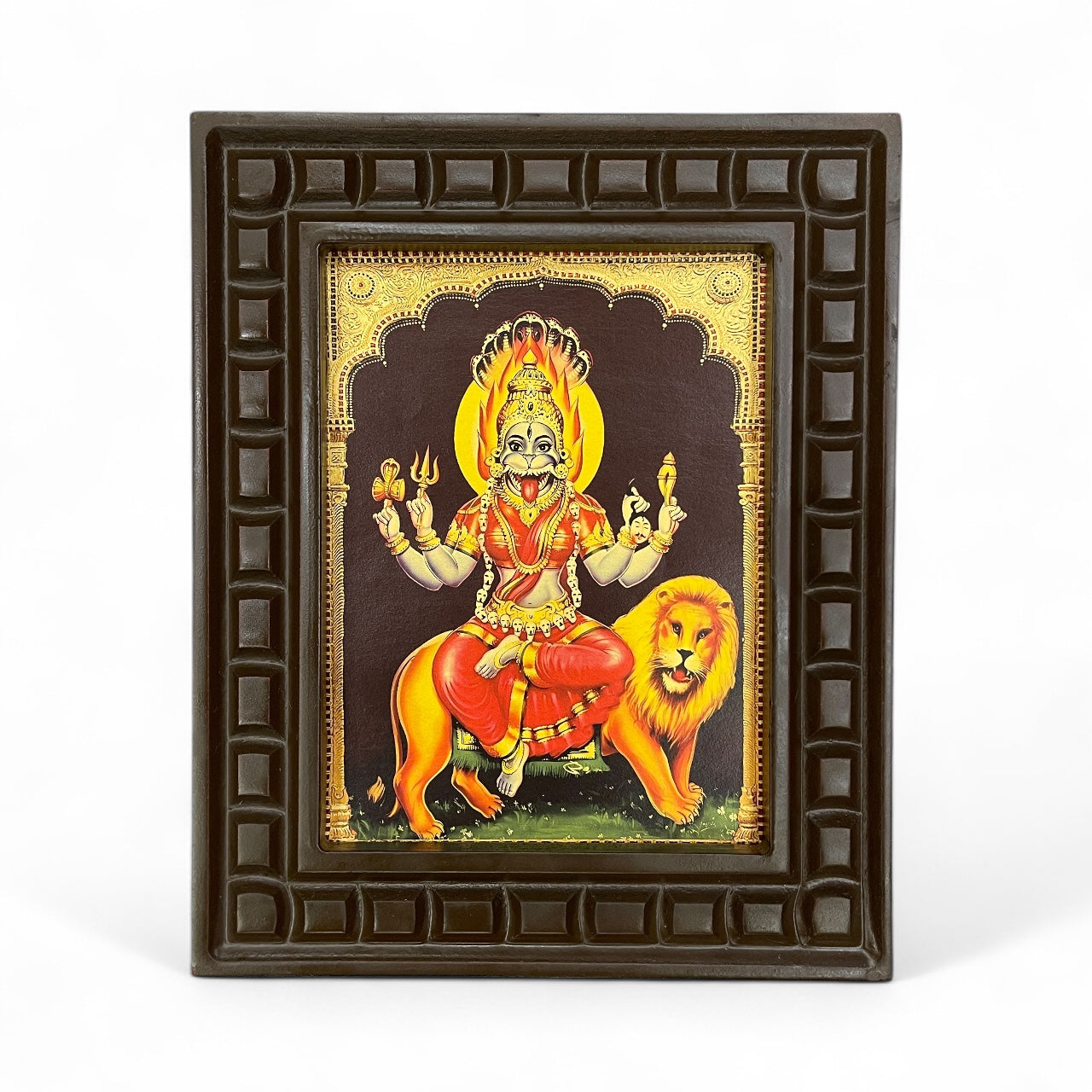 Pratyangira Devi Gold Leafed Art With Wooden Frame