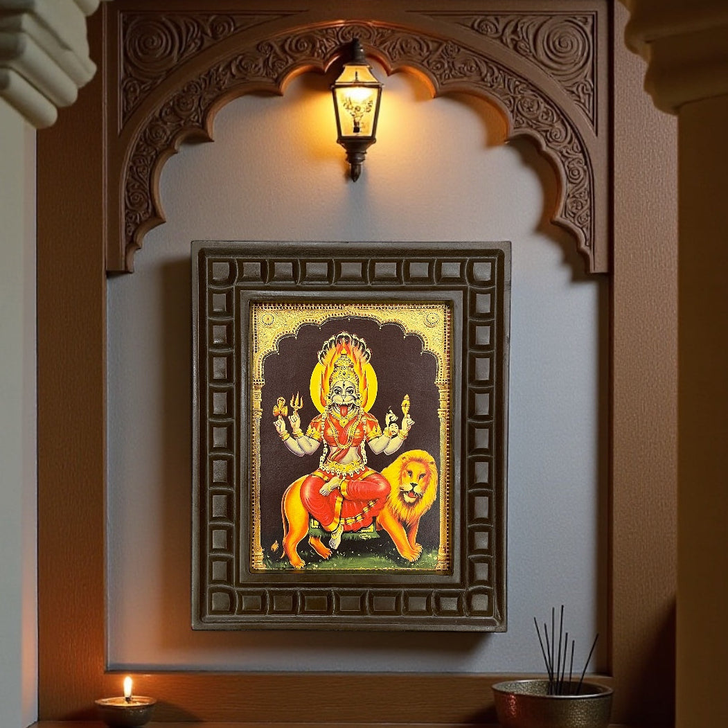 Pratyangira Devi Gold Leafed Art With Wooden Frame