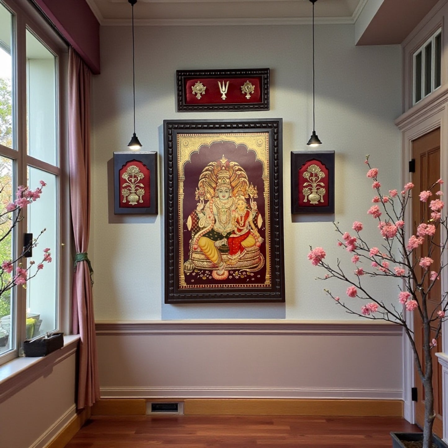 Wall Art Set Lakshmi Narayan Center, Flower Vase Pair Brass And Shanku Chakra Namam.