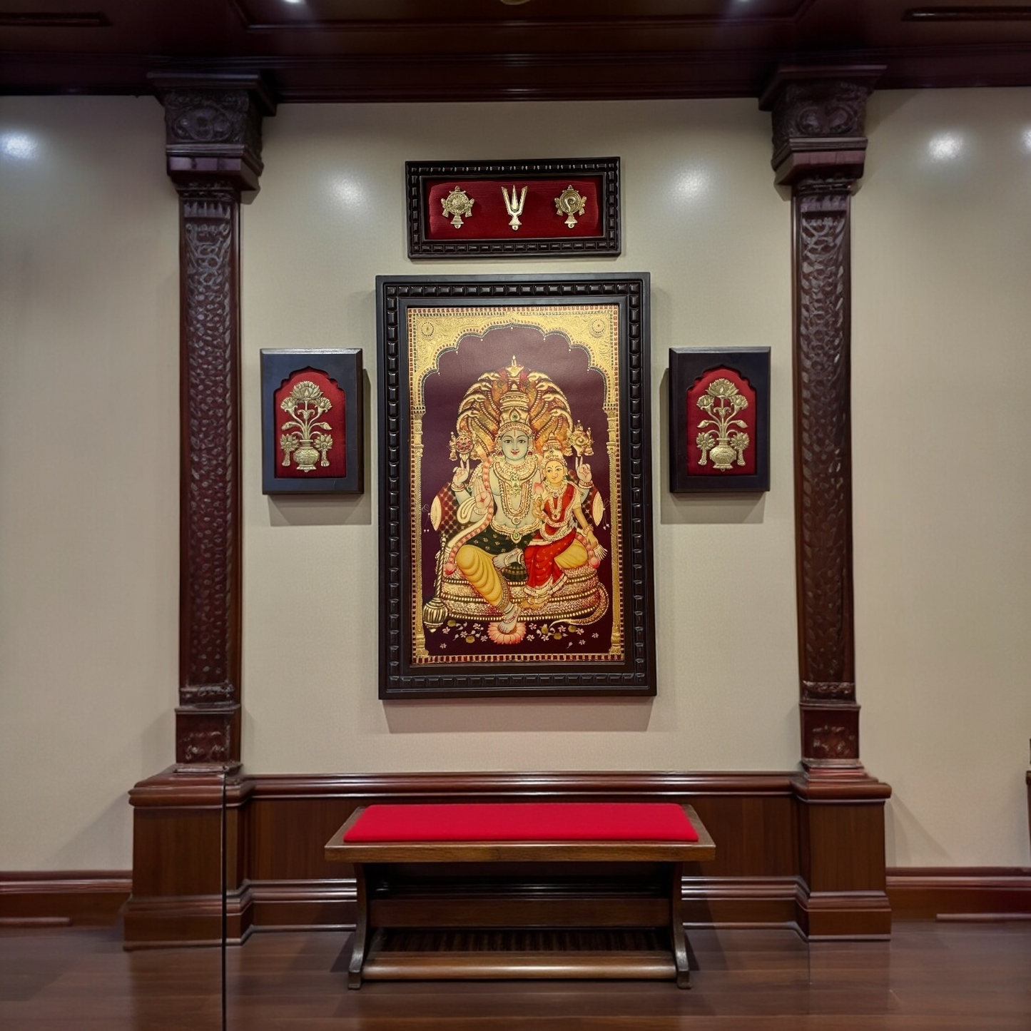 Wall Art Set Lakshmi Narayan Center, Flower Vase Pair Brass And Shanku Chakra Namam.