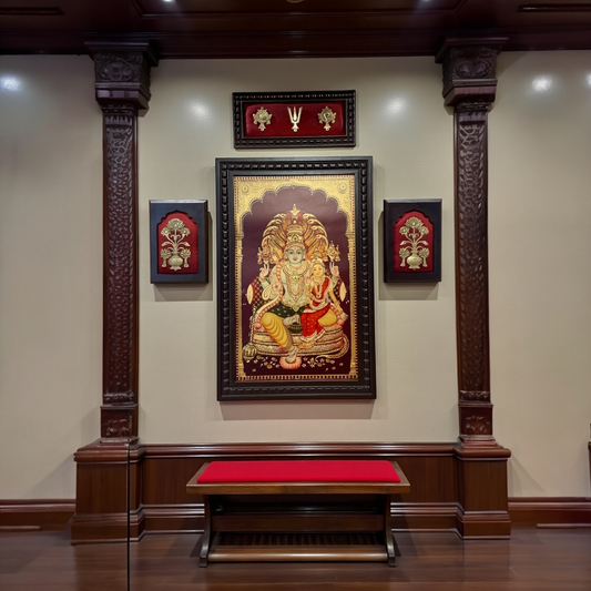 Wall Art Set Lakshmi Narayan Center, Flower Vase Pair Brass And Shanku Chakra Namam.