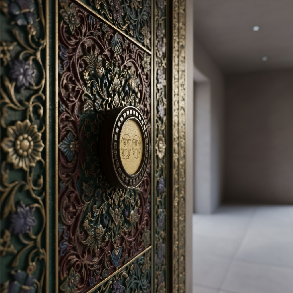 Shubh Labh wooden circular frame with beige backdrop