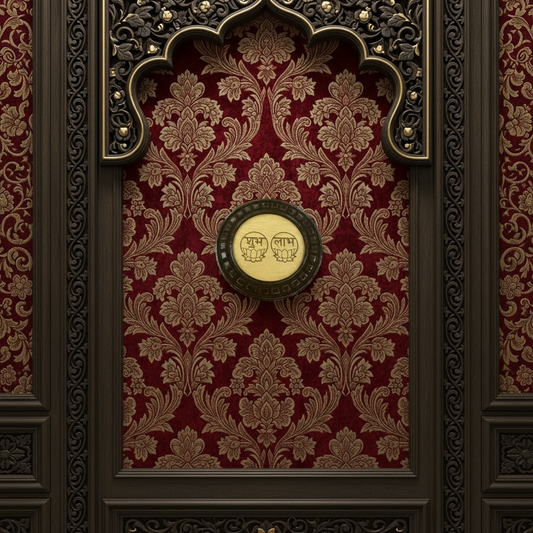 Shubh Labh wooden circular frame with beige backdrop