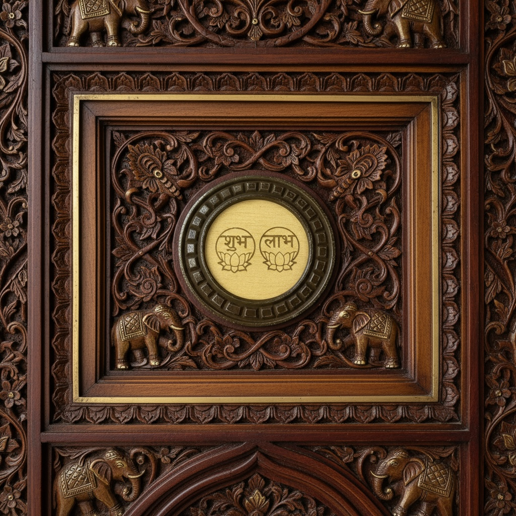 Shubh Labh wooden circular frame with beige backdrop