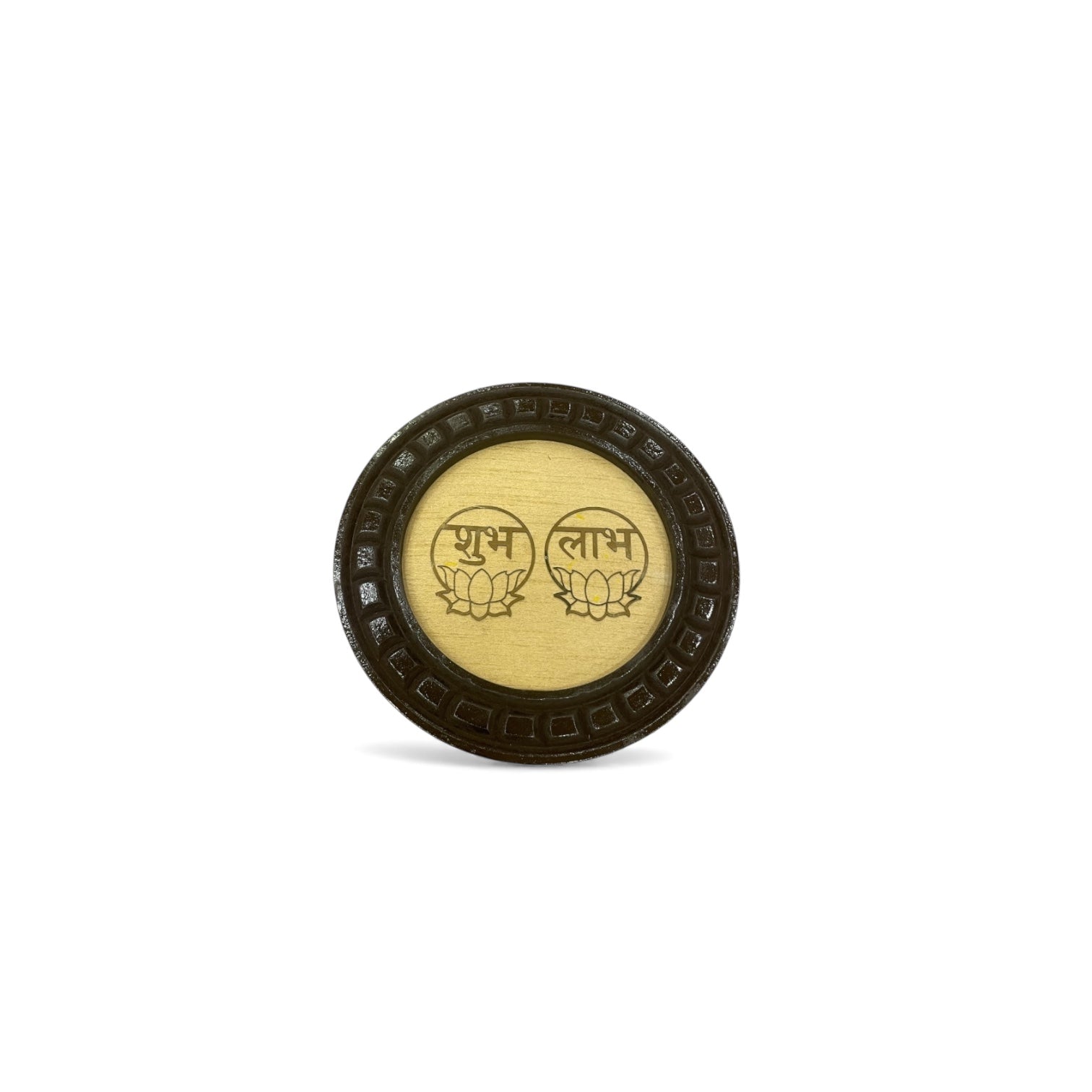 Shubh Labh wooden circular frame with beige backdrop