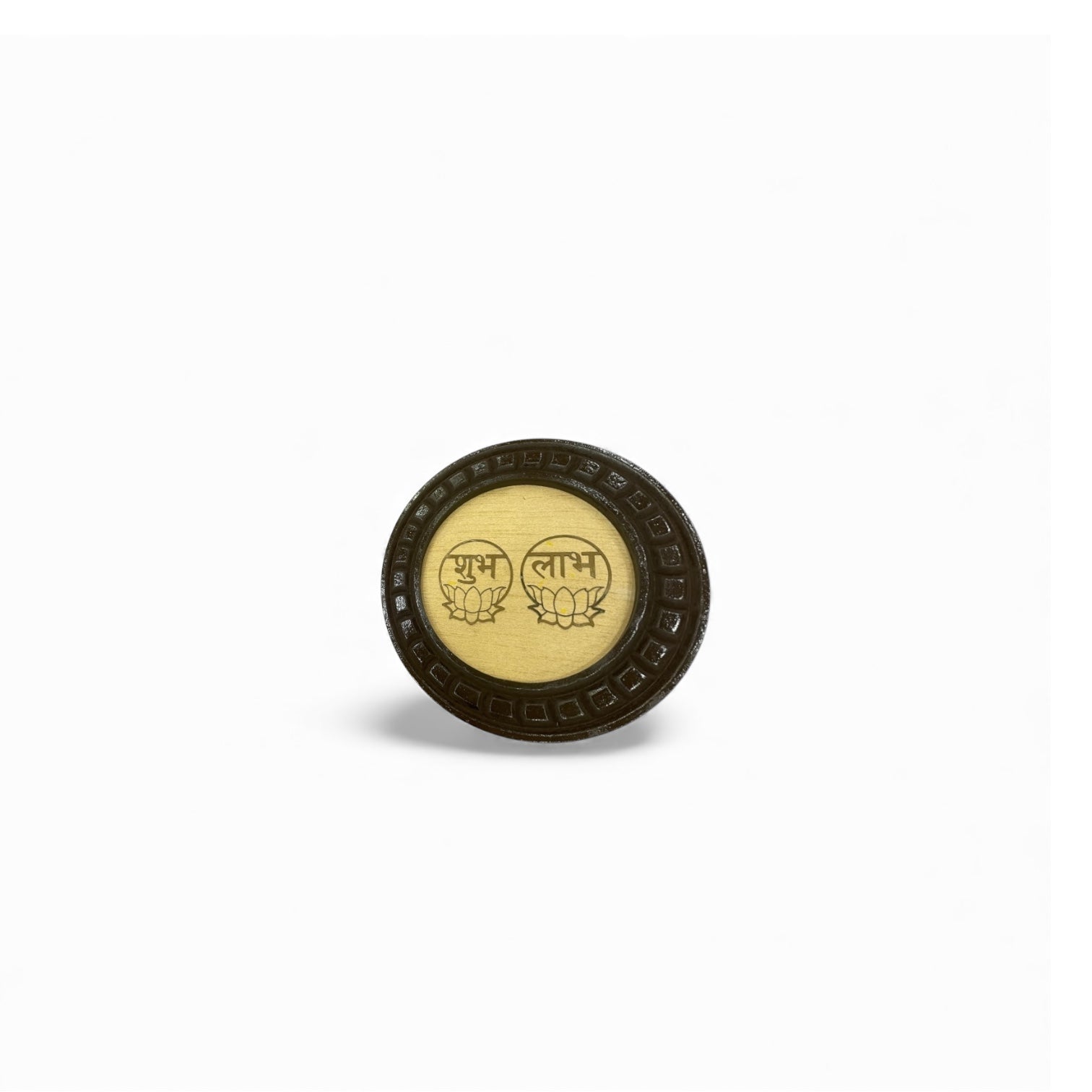 Shubh Labh wooden circular frame with beige backdrop