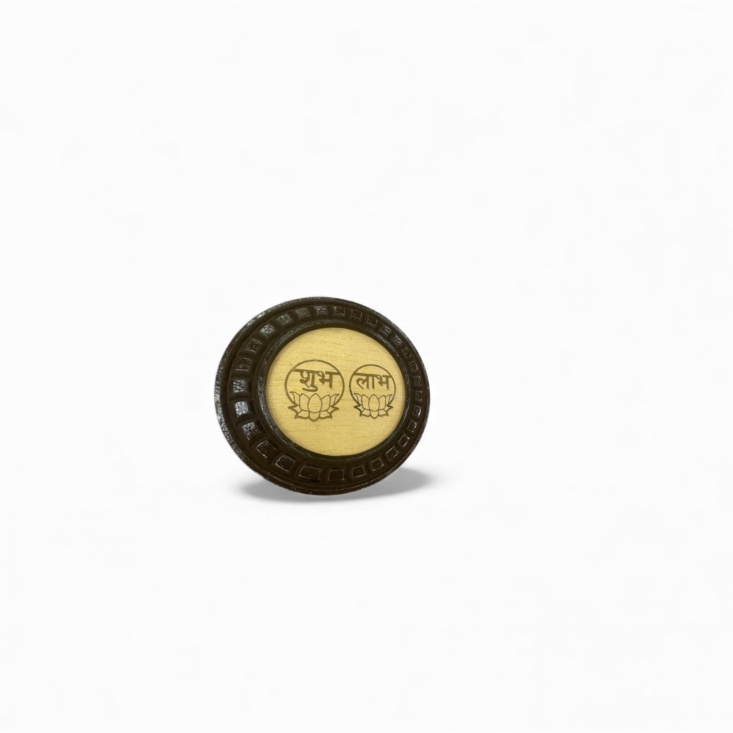 Shubh Labh wooden circular frame with beige backdrop