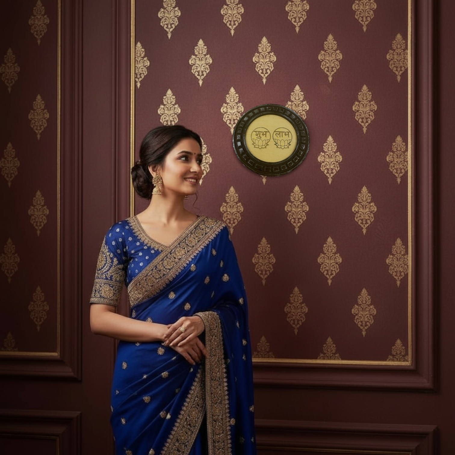 Shubh Labh wooden circular frame with beige backdrop
