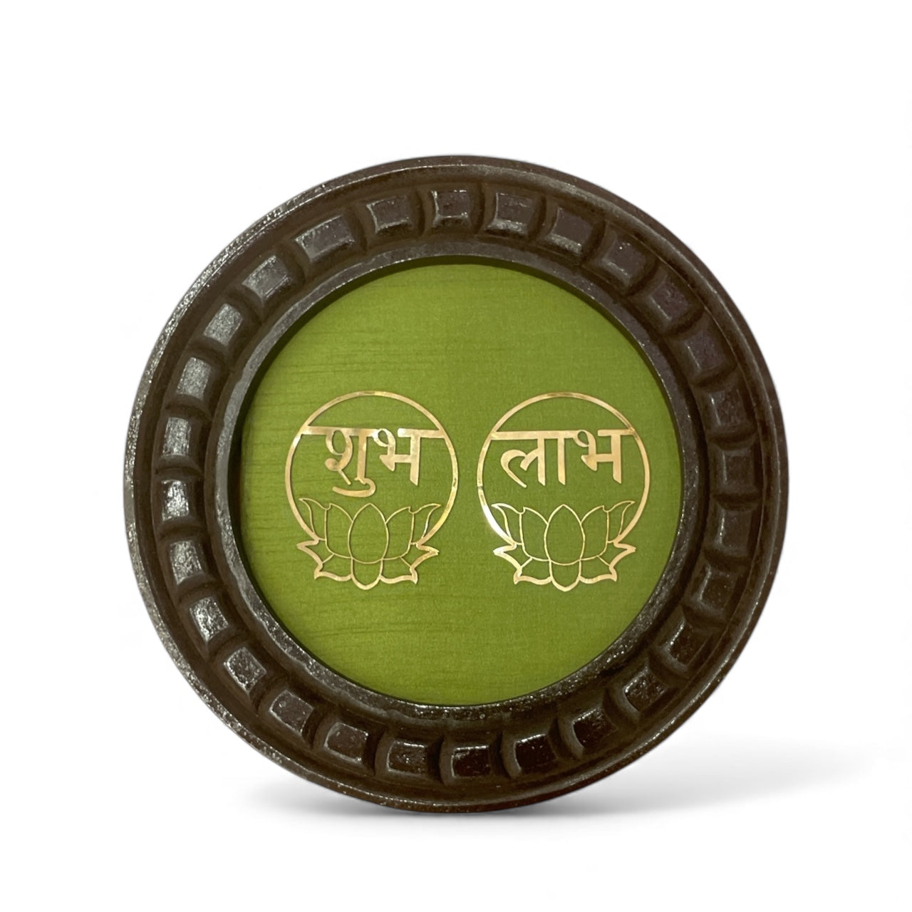 Shubh Labh wooden circular frame with green backdrop