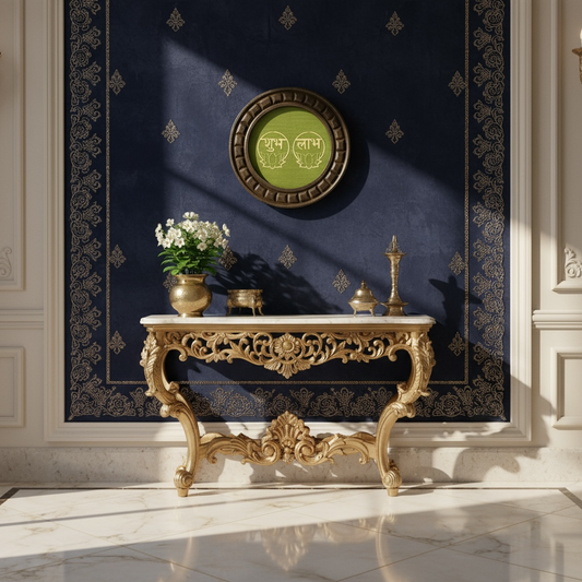 Shubh Labh wooden circular frame with green backdrop