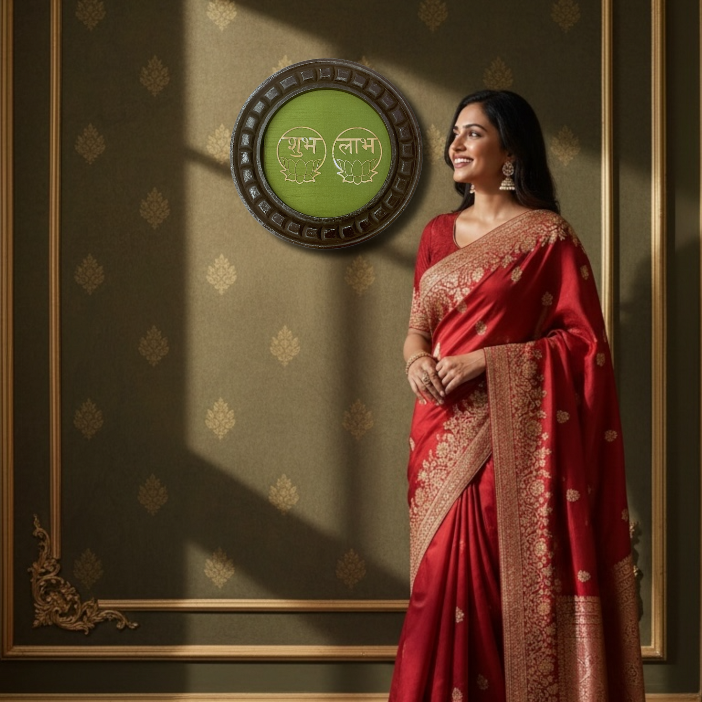 Shubh Labh wooden circular frame with green backdrop