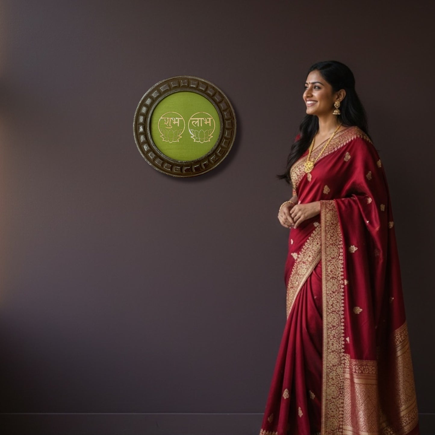 Shubh Labh wooden circular frame with green backdrop