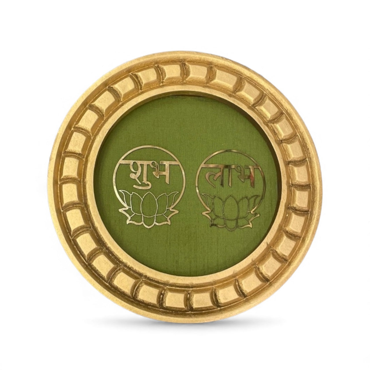 Shubh Labh Golden circular frame with green backdrop