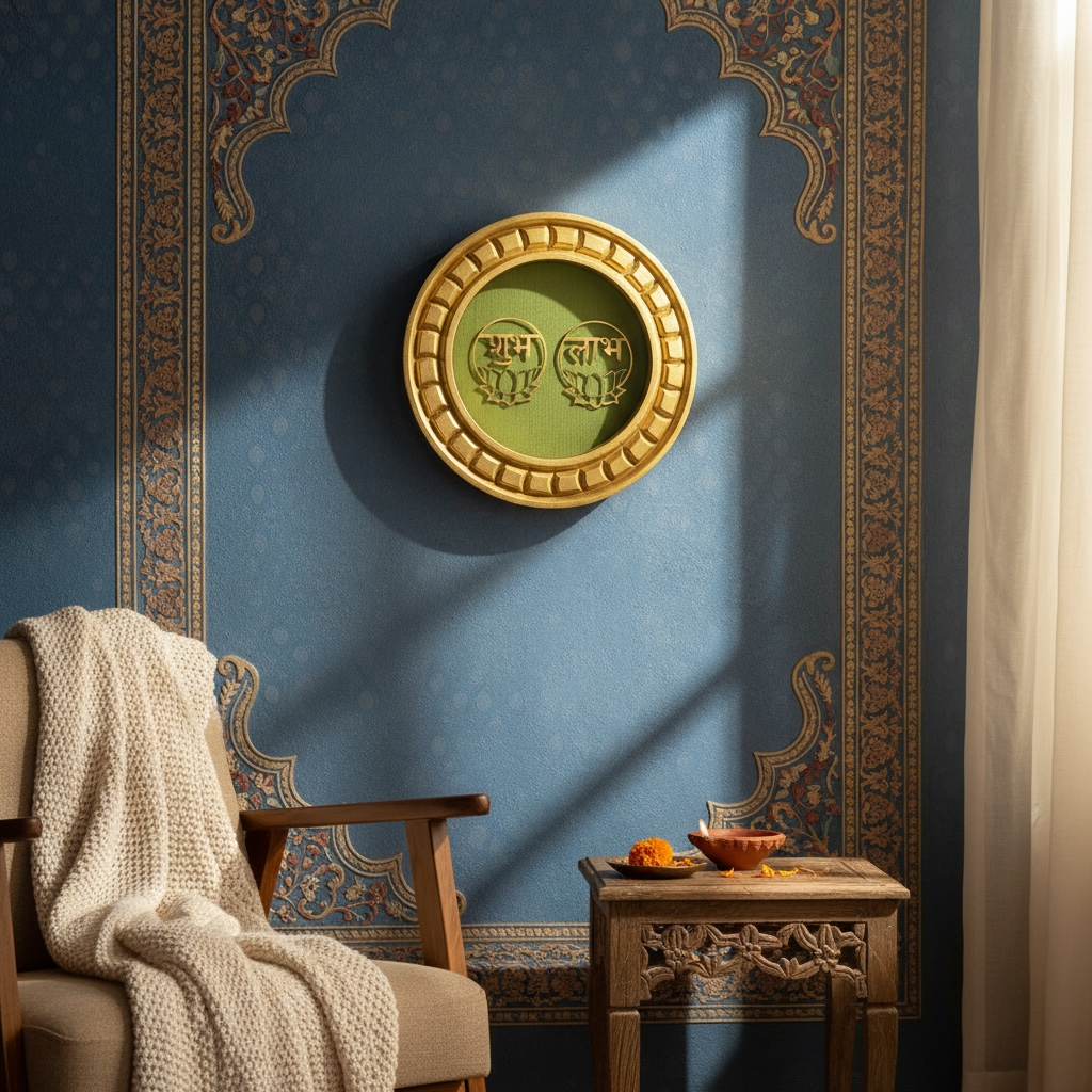 Shubh Labh Golden circular frame with green backdrop