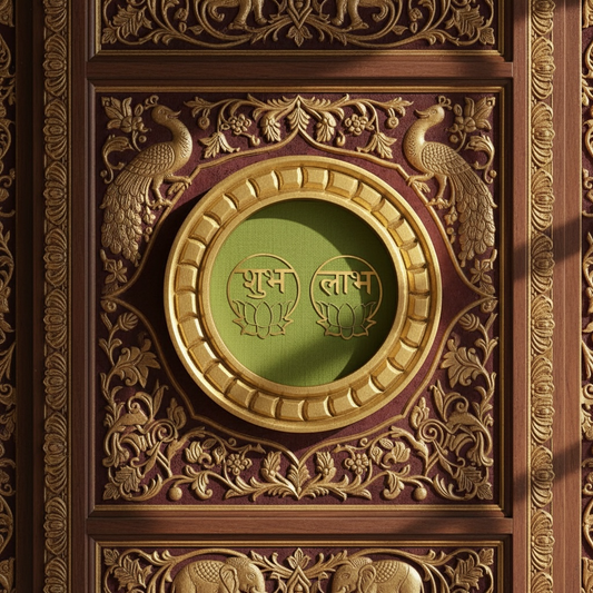 Shubh Labh Golden circular frame with green backdrop