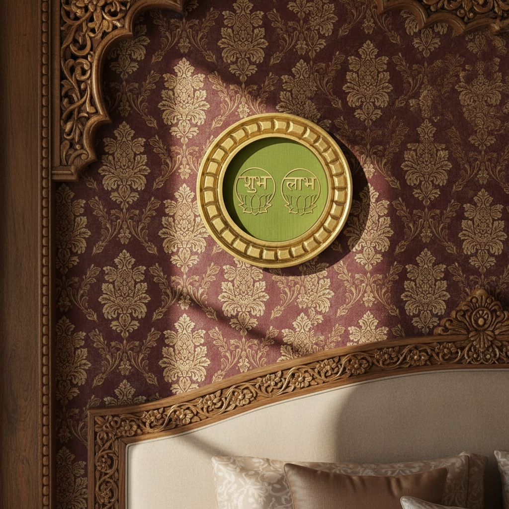 Shubh Labh Golden circular frame with green backdrop