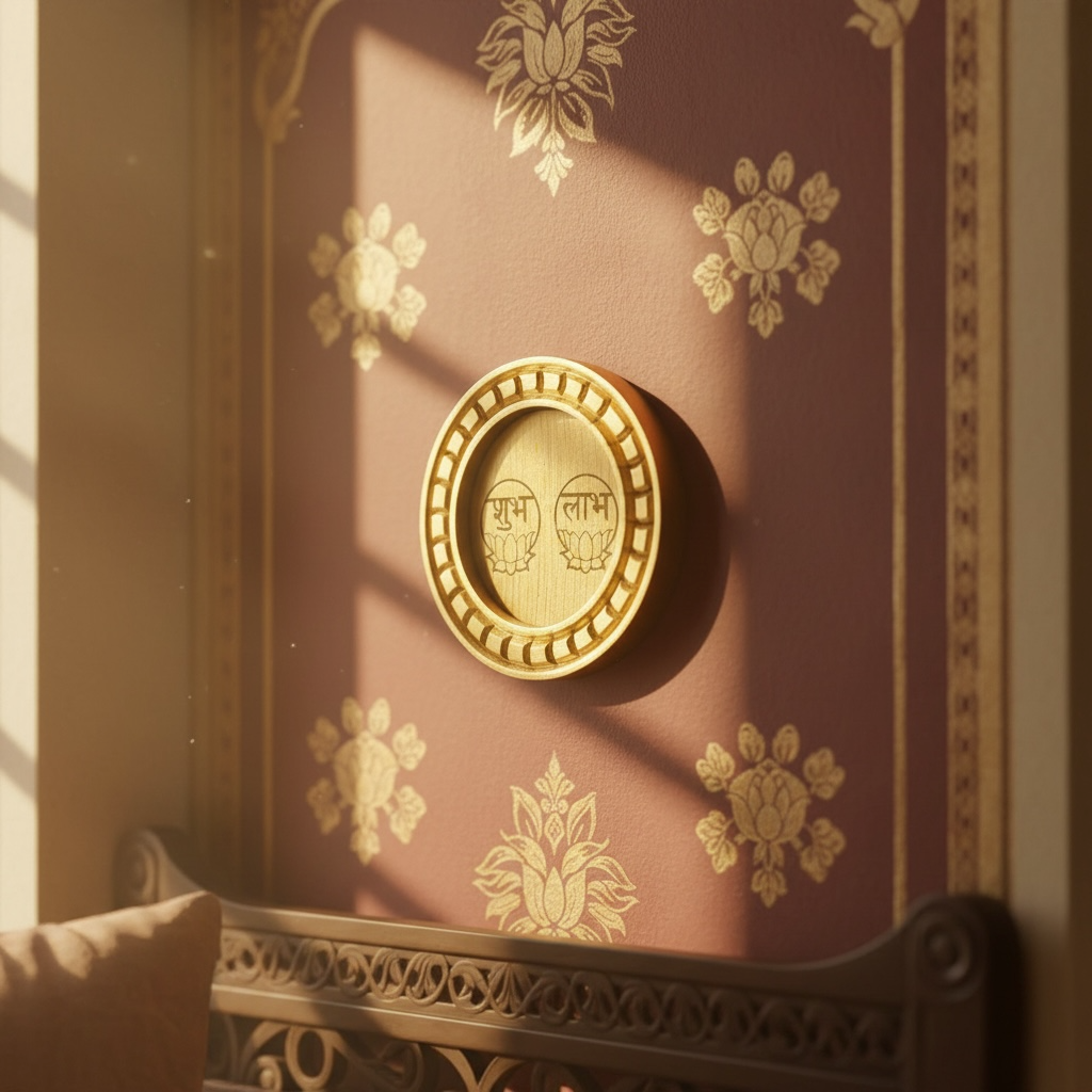 Shubh Labh Golden circular frame with beige backdrop