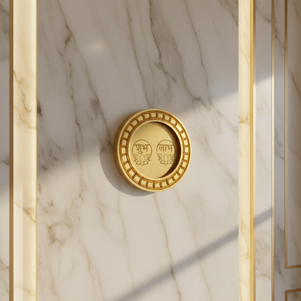 Shubh Labh Golden circular frame with beige backdrop