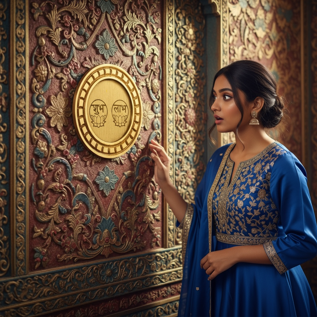 Shubh Labh Golden circular frame with beige backdrop