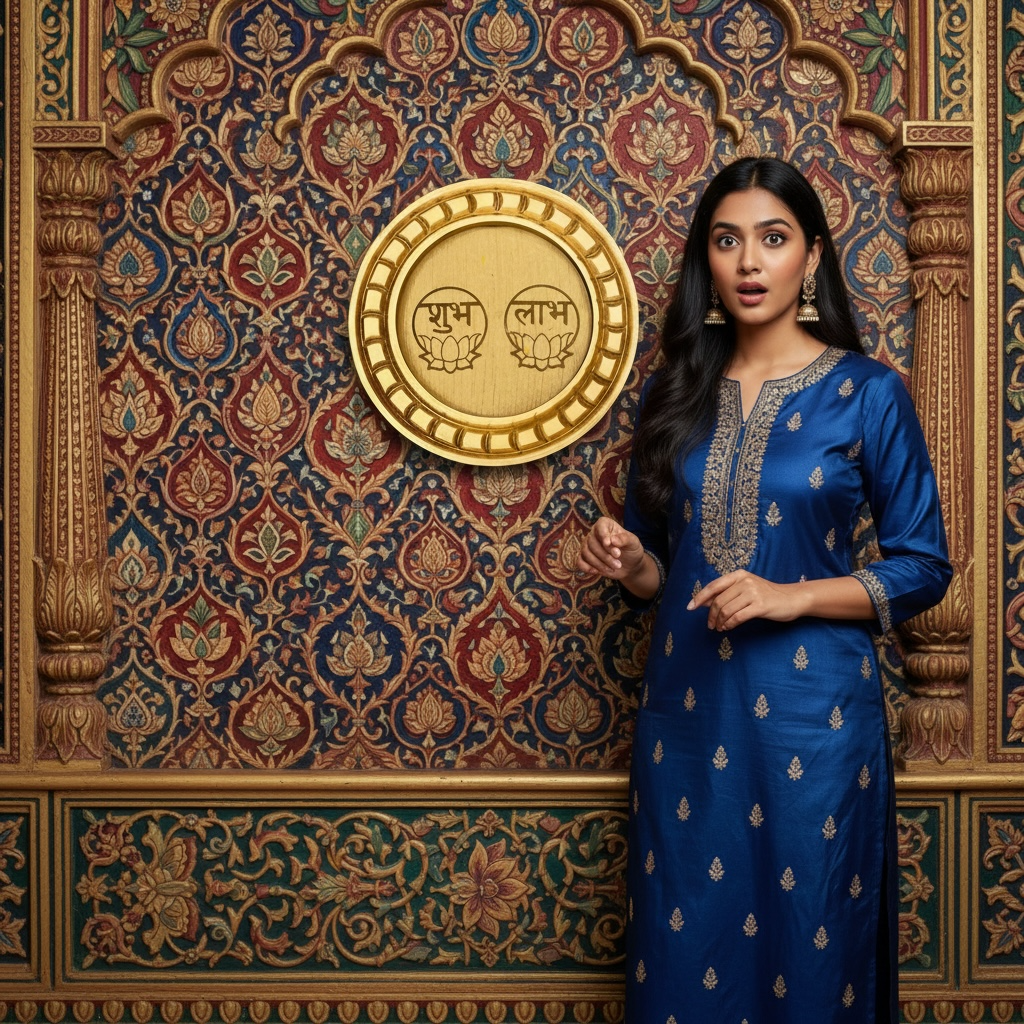 Shubh Labh Golden circular frame with beige backdrop