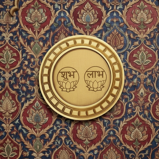 Shubh Labh Golden circular frame with beige backdrop