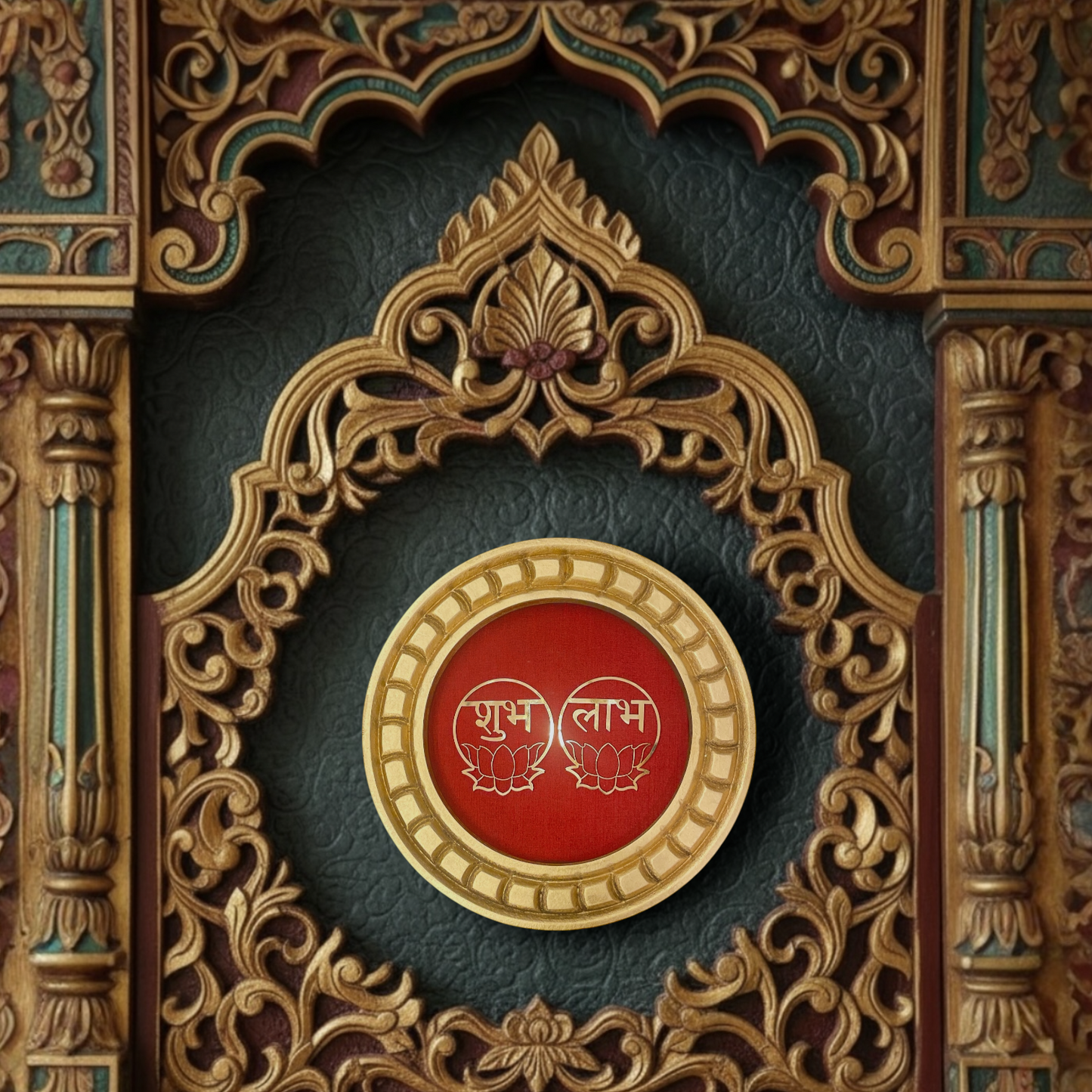 Shubh Labh Golden circular frame with red backdrop