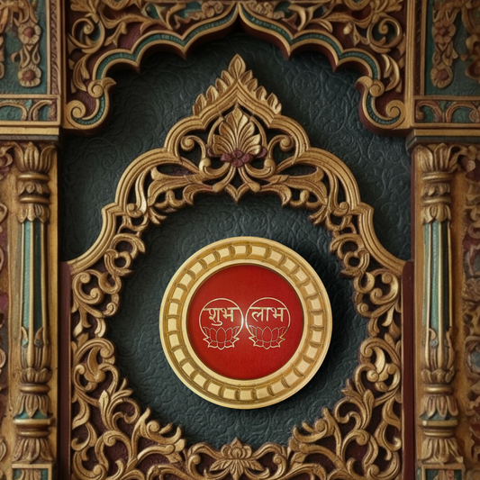 Shubh Labh Golden circular frame with red backdrop