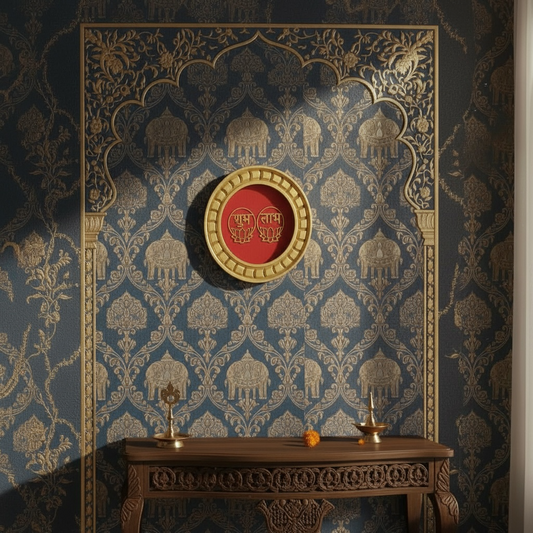 Shubh Labh Golden circular frame with red backdrop