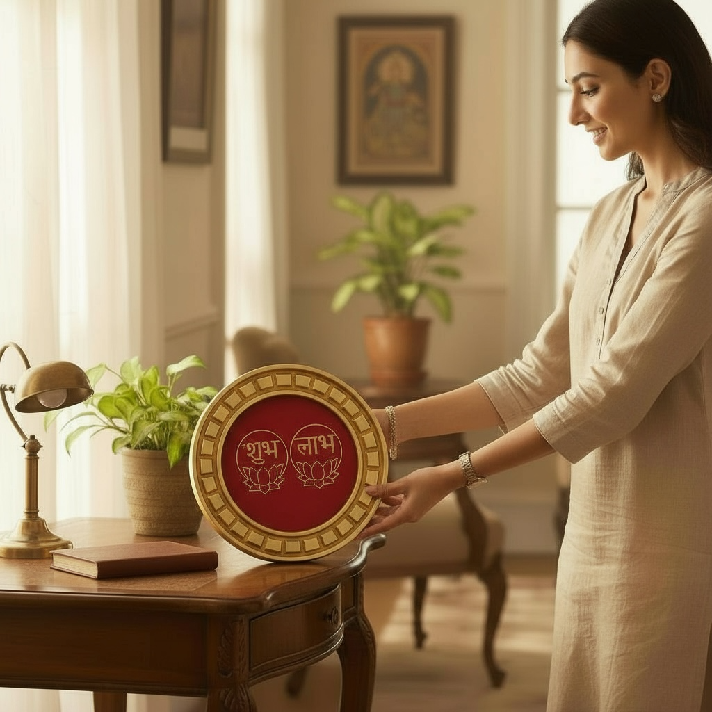 Shubh Labh Golden circular frame with red backdrop