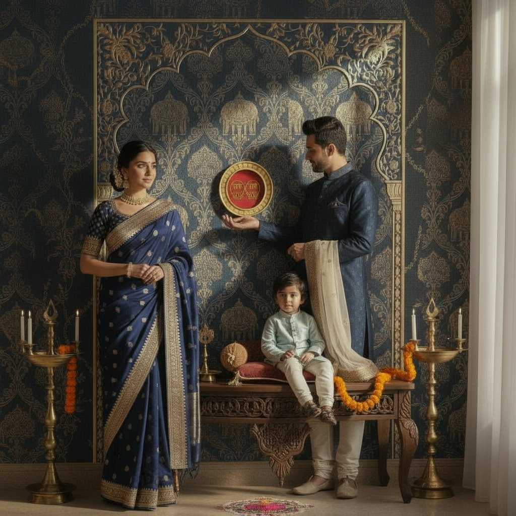 Shubh Labh Golden circular frame with red backdrop