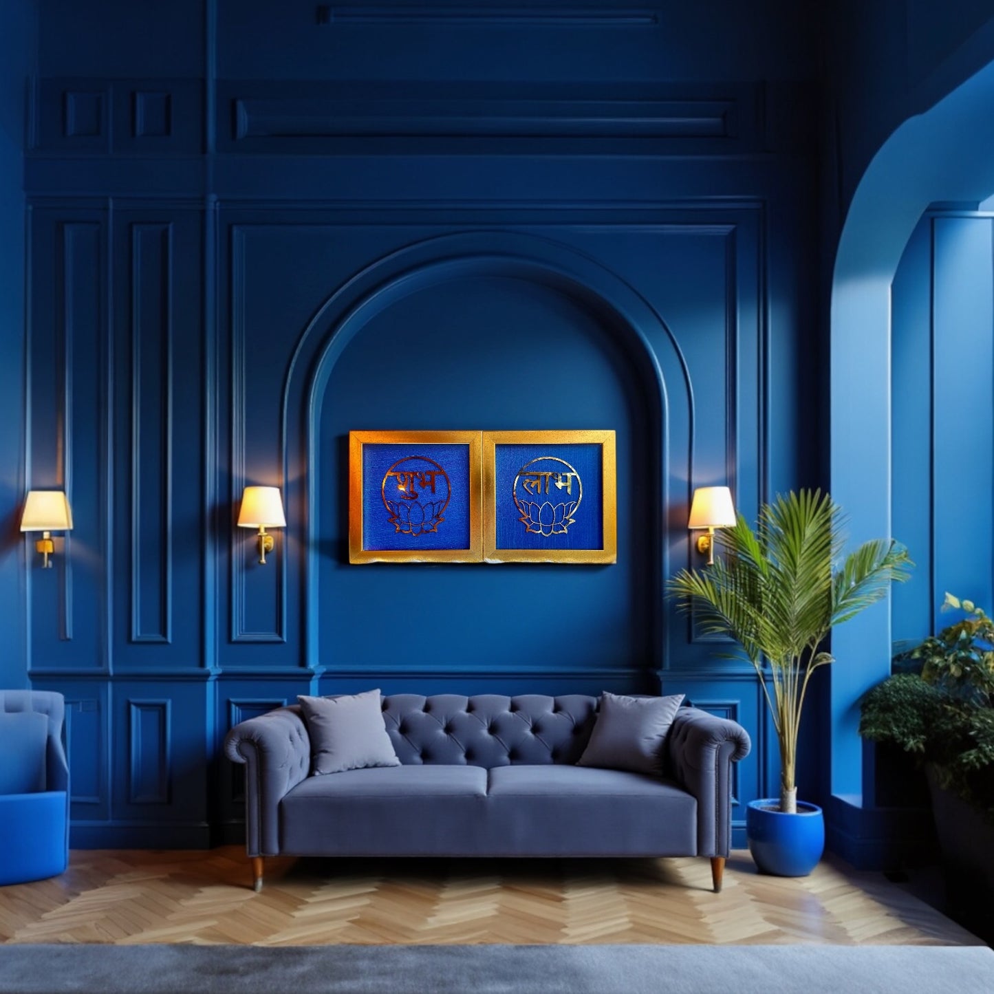 Shubh Labh metal brass with Royal Blue silk backdrop -resin gold frame