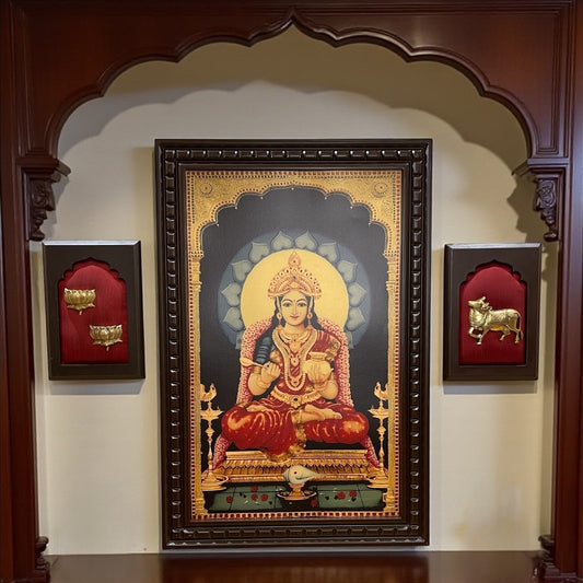 Annapoorna Gold Foil Art with Brass Kamadhenu &amp; Lotus | Divine Prosperity Red Backdrop.