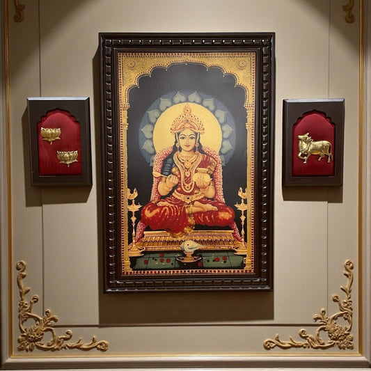 Annapoorna Gold Foil Art with Brass Kamadhenu &amp; Lotus | Divine Prosperity Red Backdrop.
