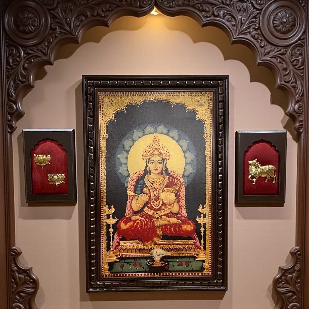 Annapoorna Gold Foil Art with Brass Kamadhenu &amp; Lotus | Divine Prosperity Red Backdrop.