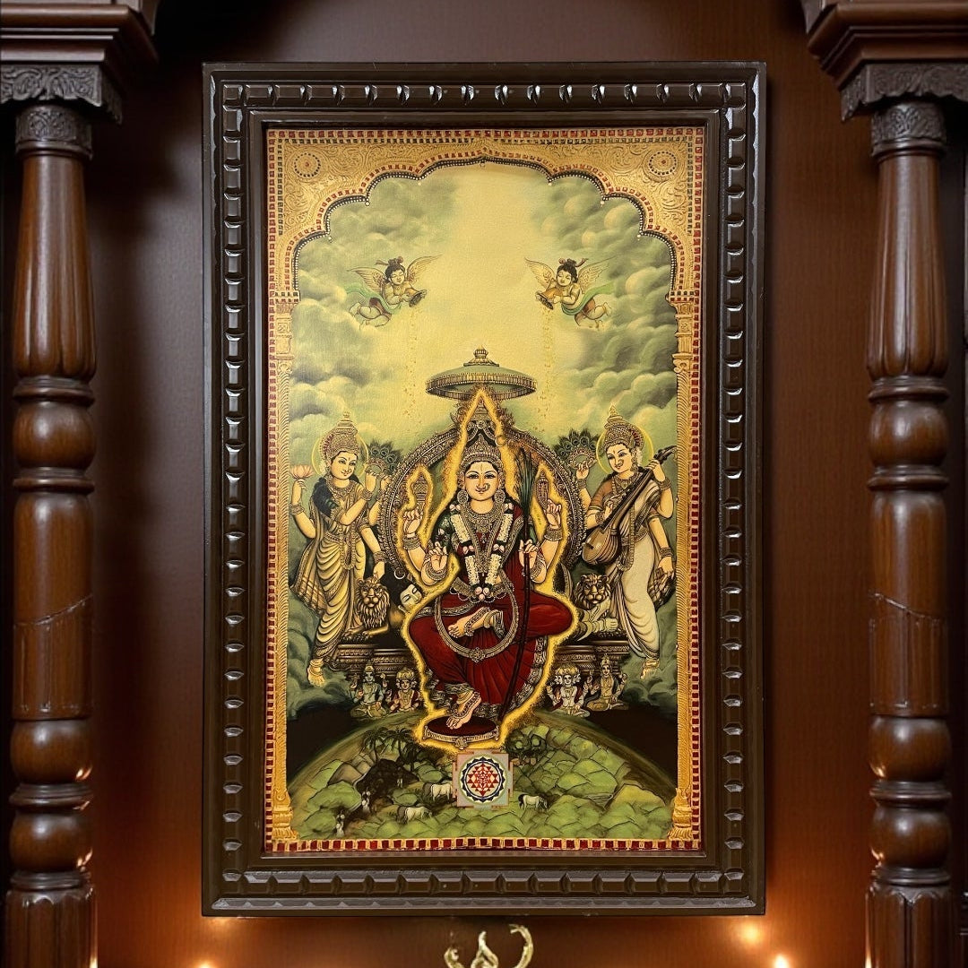 Tripura Sundari 2 Green Saree Gold Leafed Art With Wooden Frame