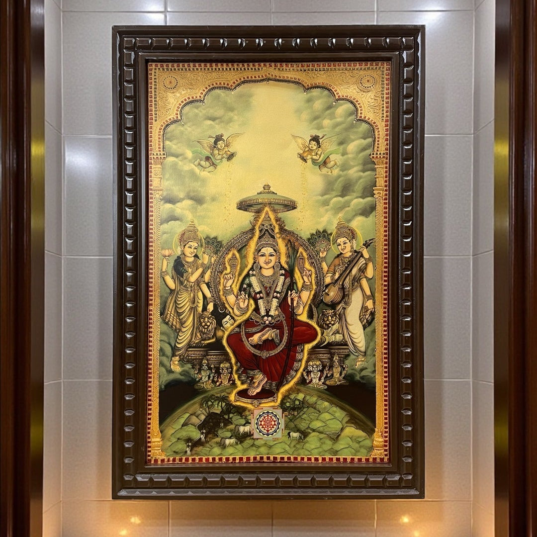 Tripura Sundari 2 Green Saree Gold Leafed Art With Wooden Frame