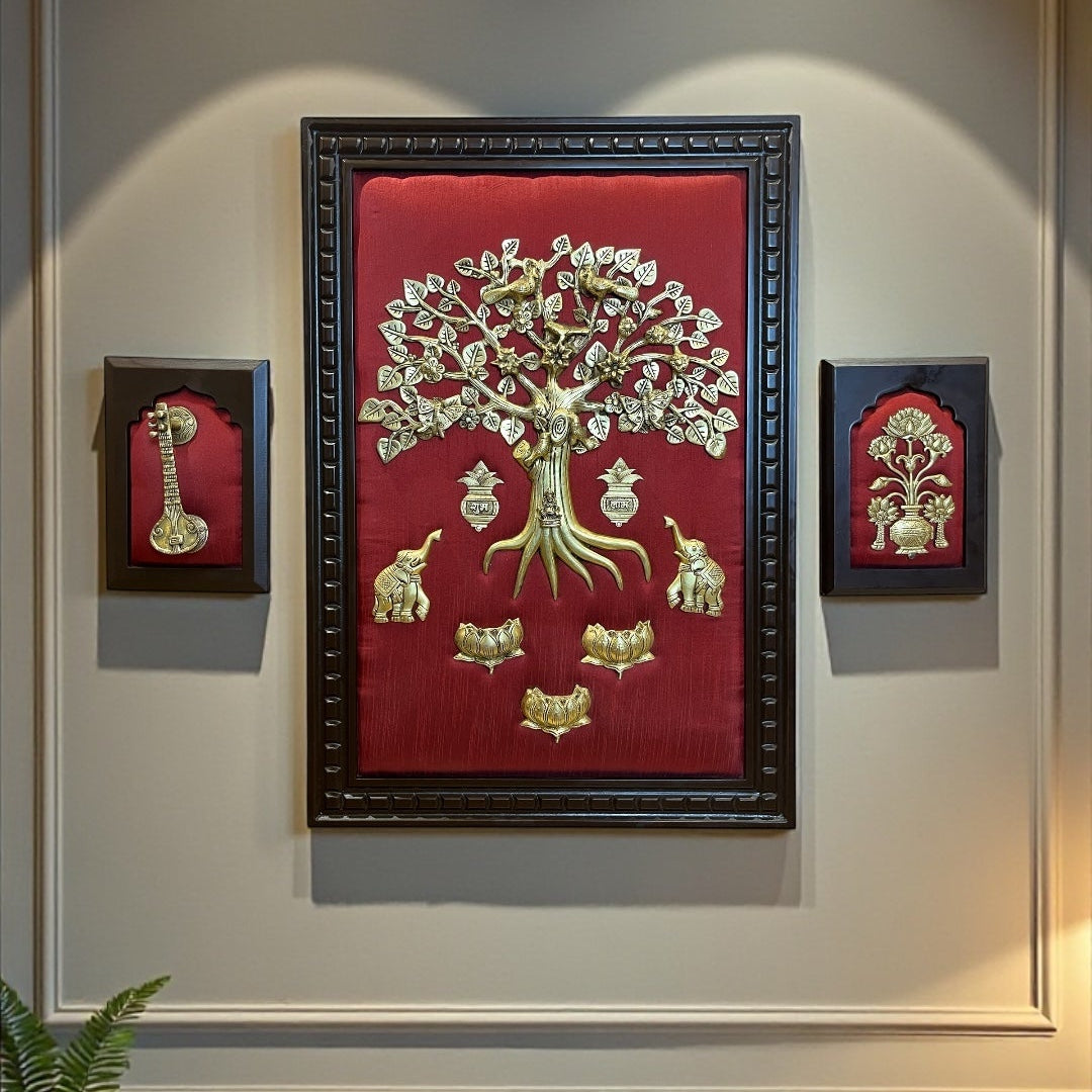 Brass Kalpavriksha on Red Silk | Veena &amp; Lotus Divine Harmony