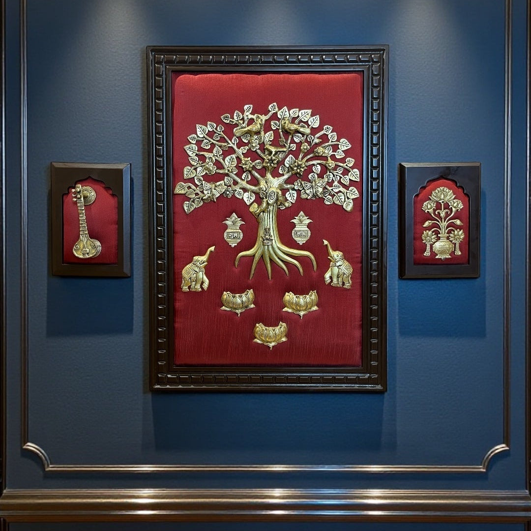 Brass Kalpavriksha on Red Silk | Veena &amp; Lotus Divine Harmony