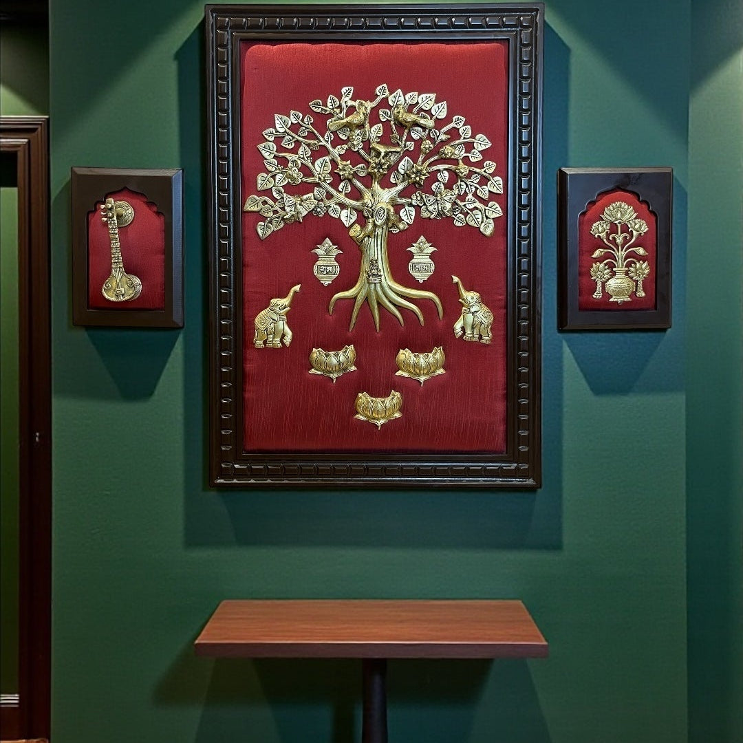 Brass Kalpavriksha on Red Silk | Veena &amp; Lotus Divine Harmony