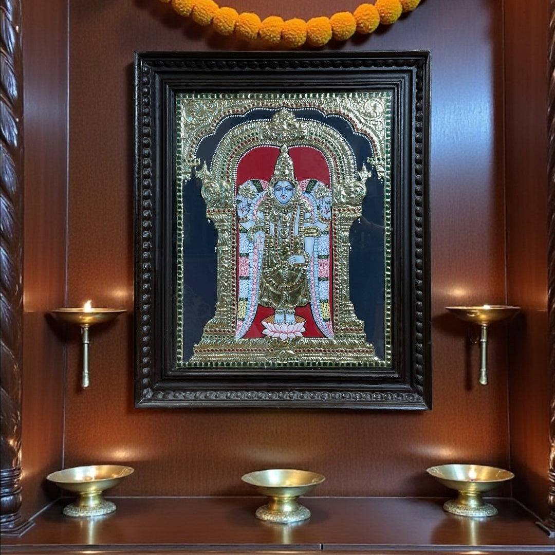 Rare Hand-Painted Tanjore Painting of Tirupati Balaji | 24K Gold Foil Artwork | Blue-Hued Deity | Traditional South Indian Wall Art