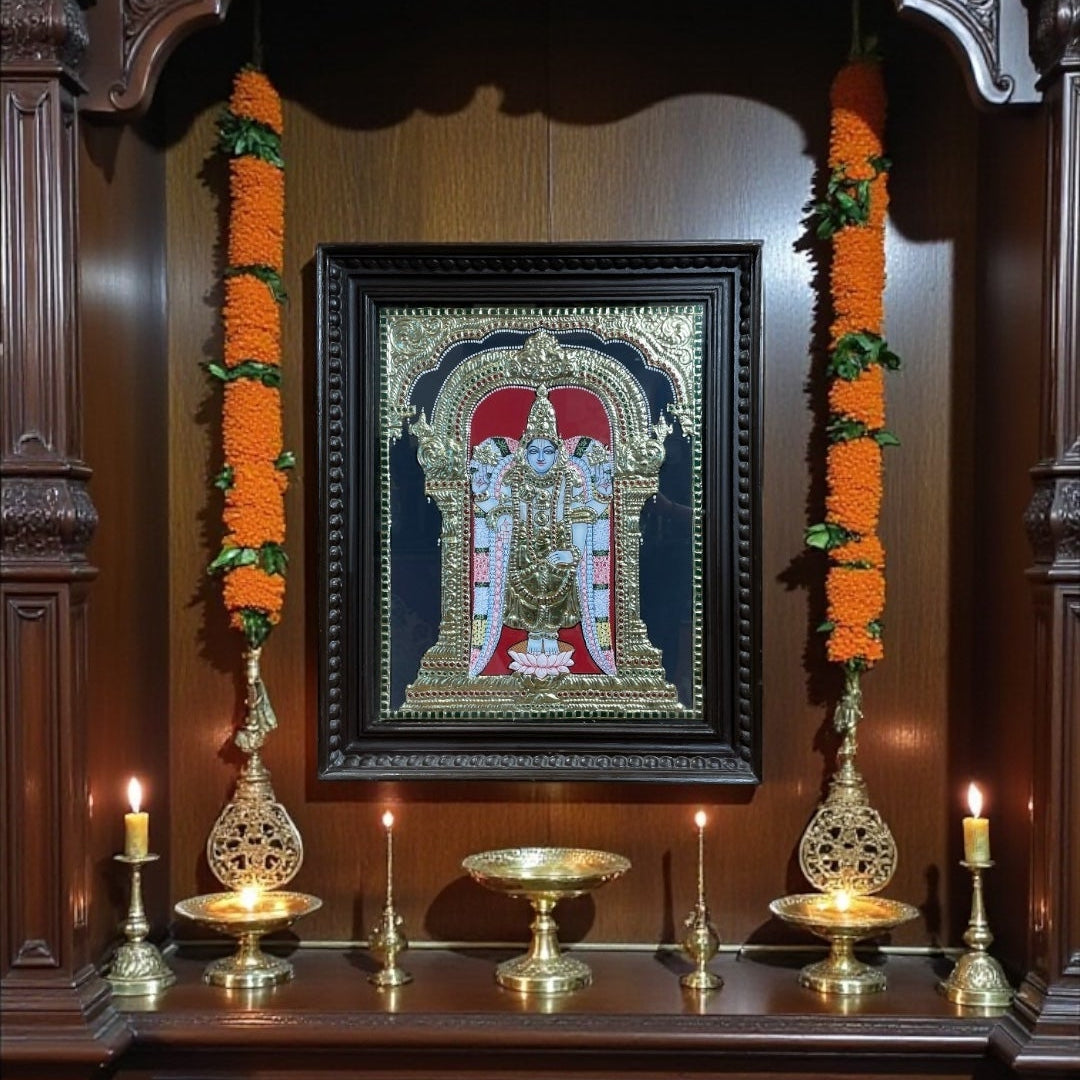 Rare Hand-Painted Tanjore Painting of Tirupati Balaji | 24K Gold Foil Artwork | Blue-Hued Deity | Traditional South Indian Wall Art