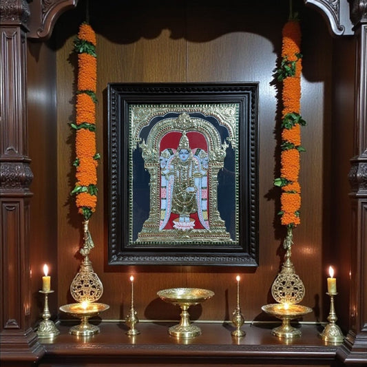 Rare Hand-Painted Tanjore Painting of Tirupati Balaji | 24K Gold Foil Artwork | Blue-Hued Deity | Traditional South Indian Wall Art